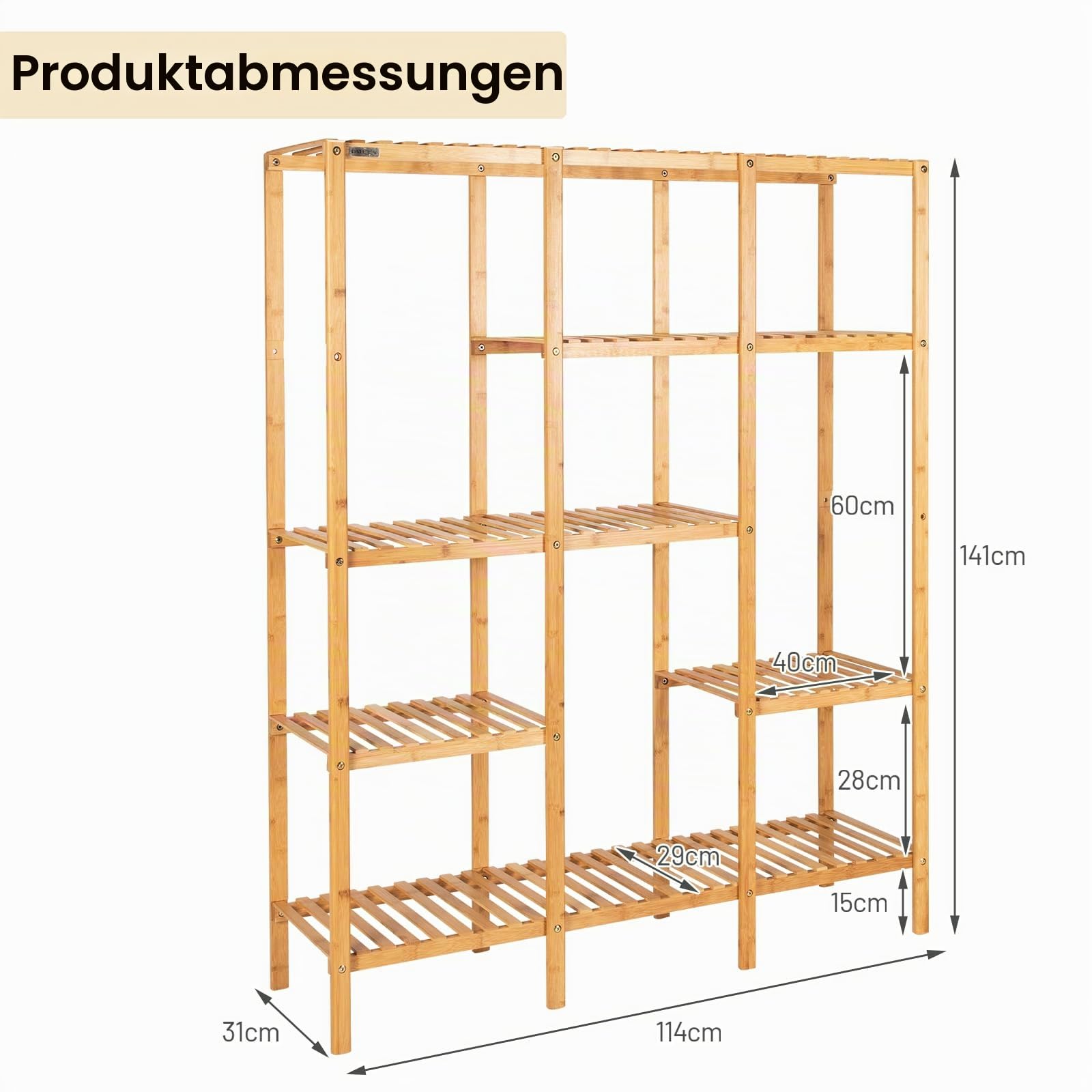 HOMASIS Blumenregal mit 5 Ebenen, Pflanzenregal aus Bambus, Pflanzenständer mit 12 Ablageflächen, Blumenständer Blumentreppe für Wohnzimmer, Balkon, Garten, Terrasse, 114 x 31,5 x 141 cm , Natur