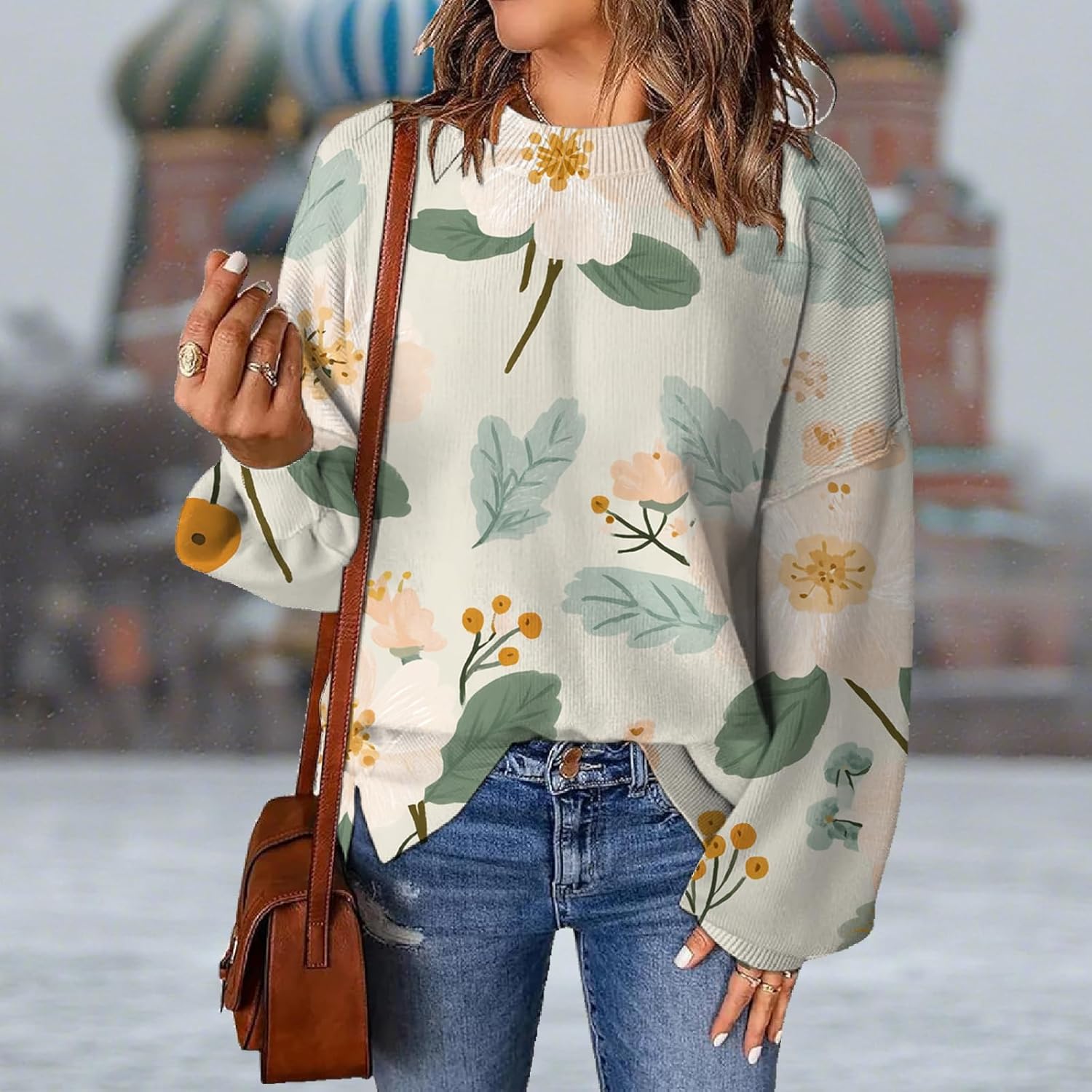 Floral Print Sweaters for Women Cute Long Sleeve Crewneck Casual Jumper Tops Chunky Comfy Knit Fall Winter Pullover - Image 2