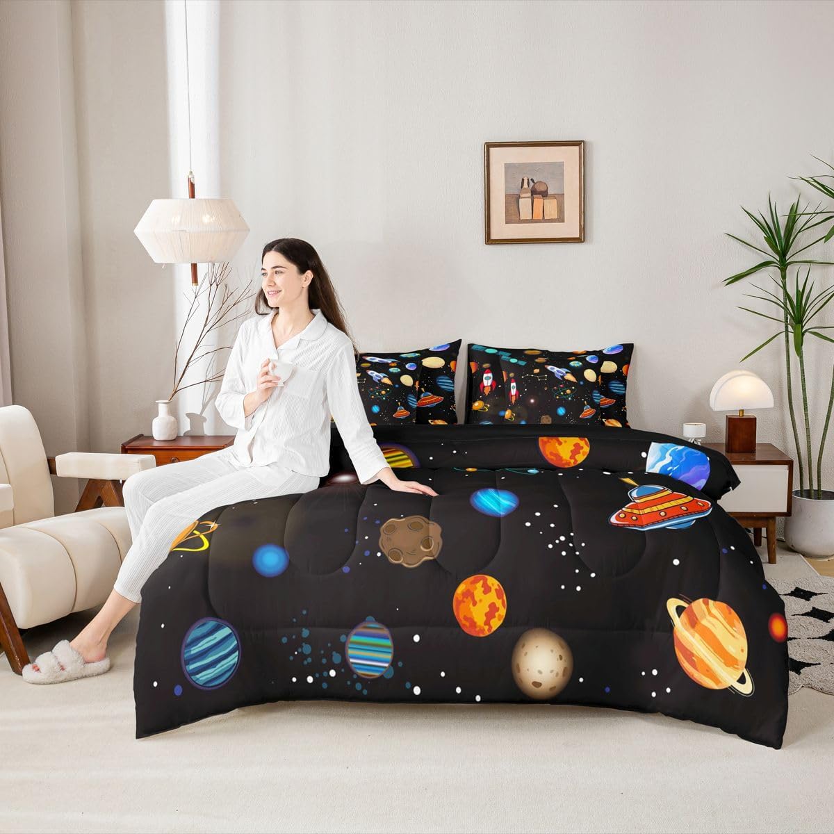 Erosebridal Outer Space Bedding Set King, Starry Sky 7 Pieces Bed in A Bag - 1 Galaxy Comforter, 1 Solar System Fitted Sheet,1 Planet Space Flat Sheet, 2 Pillow Cases, 2 Throw Pillow Covers, Black