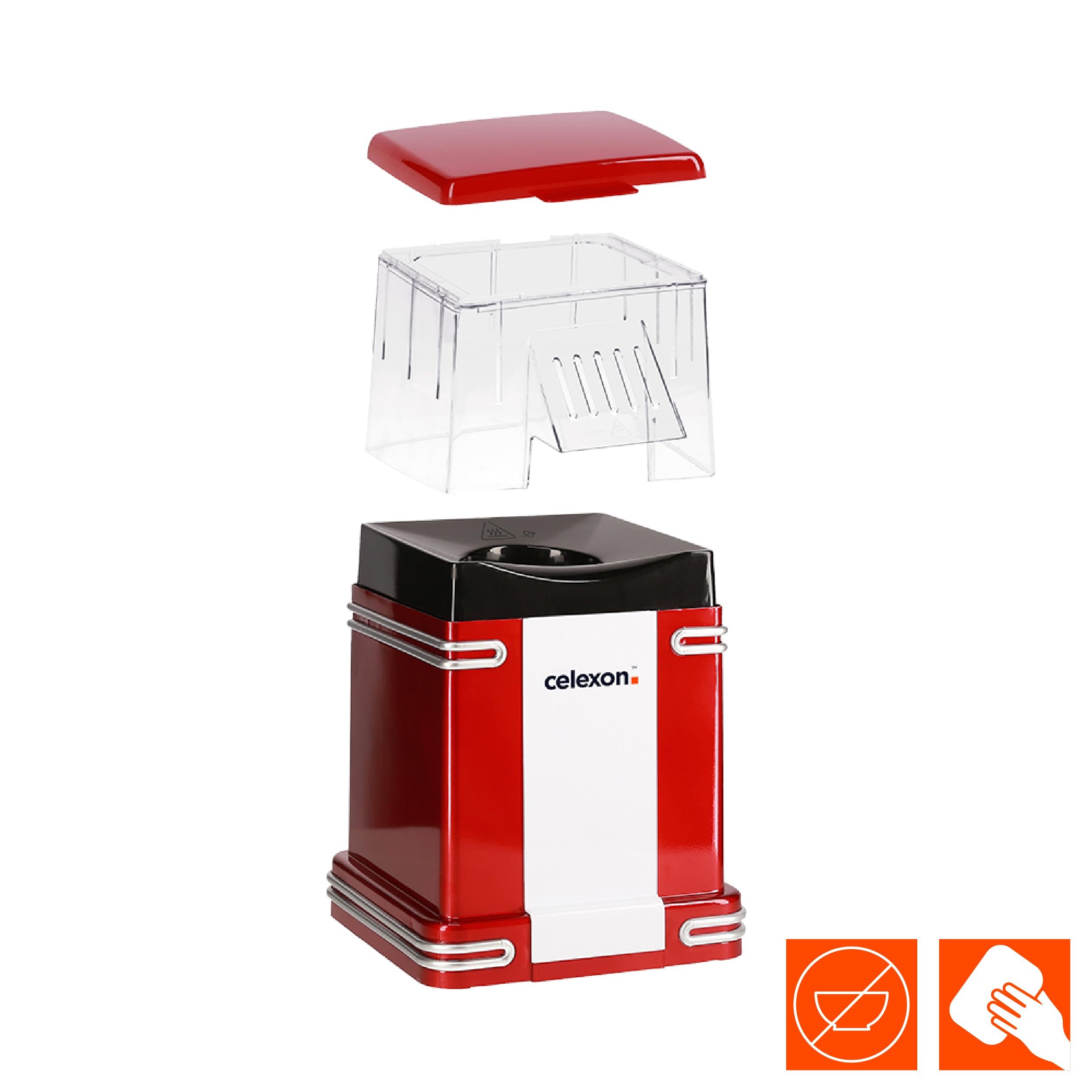 celexon CinePop CP250 maszyna do popcornu – 22 x 17,5 x 28,5 cm – waga: 1,3 kg – czerwona/retro – bez oleju/niskotłuszczowego – urządzenie do robienia popcornu z gorącym powietrzem