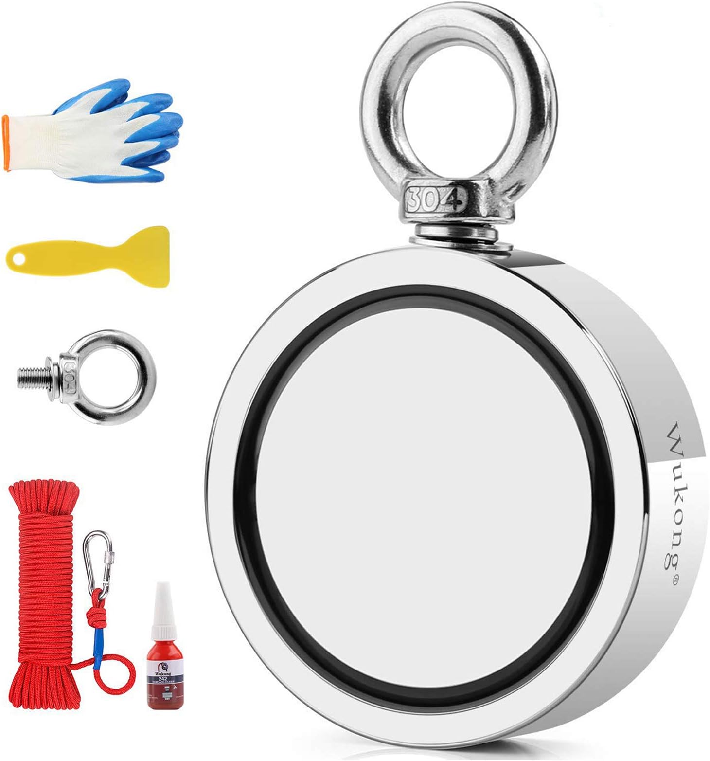 Wukong Double Sided Magnet Fishing,Diameter 94mm,Vertical Tension 770KG 1696LBS N52 Neodymium Eyebolt Magnet with 20m Rope and a Pair of Gloves,Fastening glue,Scraper