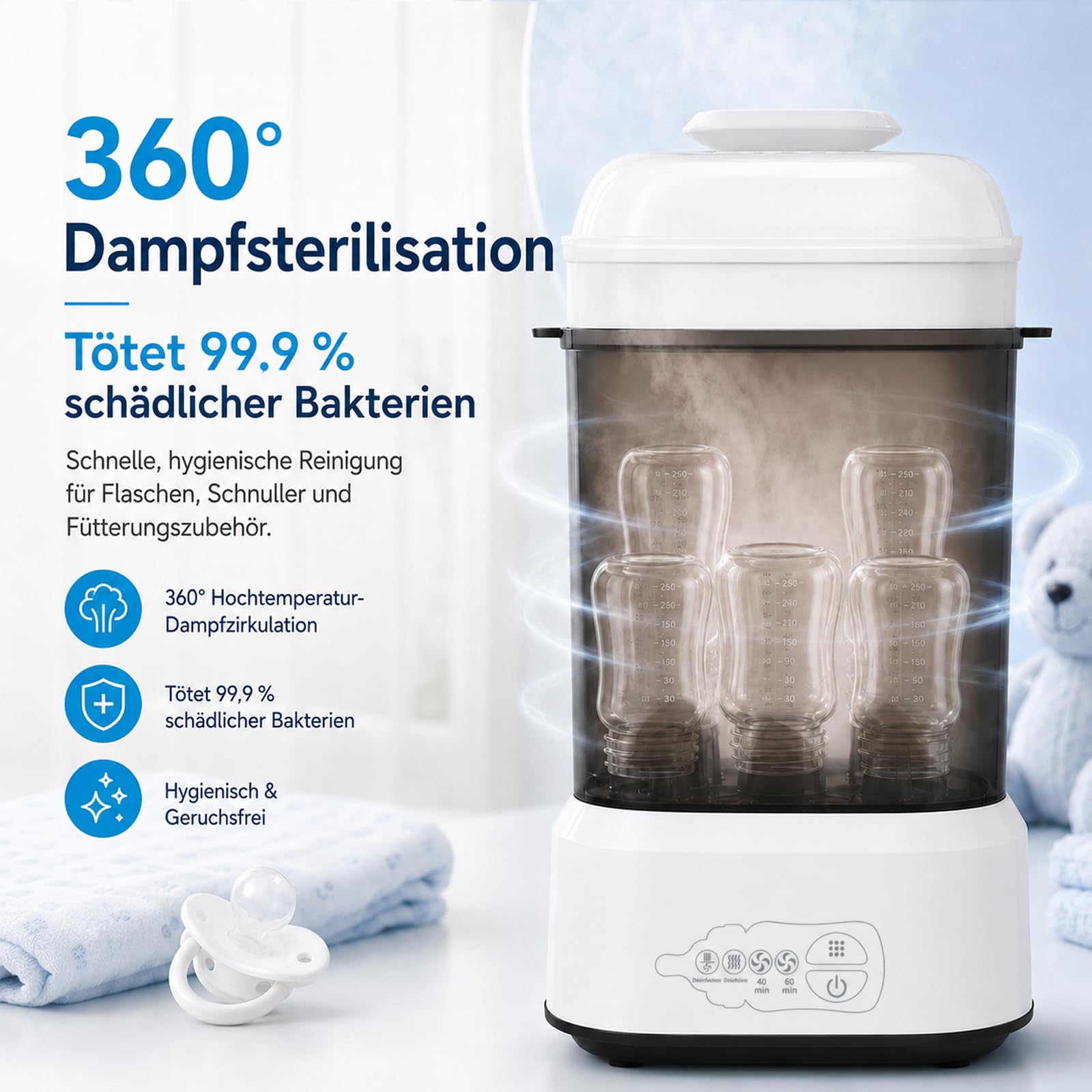 Sterilisator für Babyflaschen mit Trocknerfunktion, Flaschensterilisator Baby, 4-in-1 Elektrischer Dampfsterilisator für Flaschen, für flaschen & Milchpumpen-Zubehör Schnellsterilisation