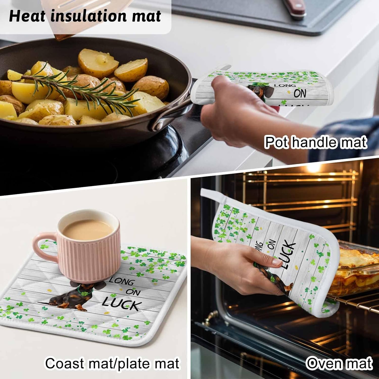 5 Pack Pot Holders for Kitchen, St. Patrick's Day Hot Pads for Kitchen Countertops Oven Pot Holder Bulk, Lucky Hats Dogs Grass Striped Gray Wood Heat Insulation Potholders with Hanging Loops