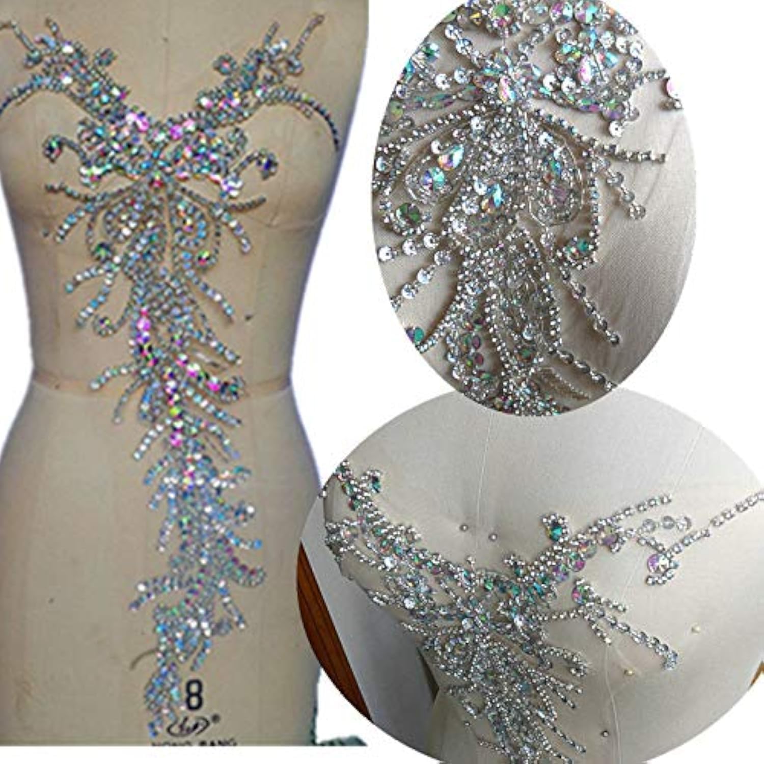 Gorgeous Pure Handmade Bright AB Color Rhinestone Crystal Trim Sewing Beaded Flower Sew on Appliques Designs for Wedding DIY Dresses Patches Decoration 28x58cm (AB)