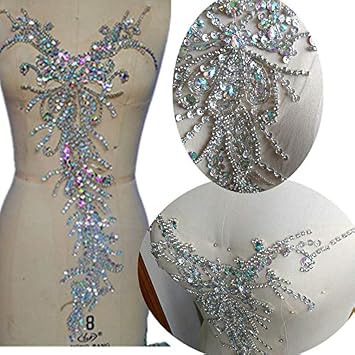 Gorgeous Pure Handmade Bright AB Color Rhinestone Crystal Trim Sewing Beaded Flower Sew on Appliques Designs for Wedding DIY Dresses Patches Decoration 28x58cm AB