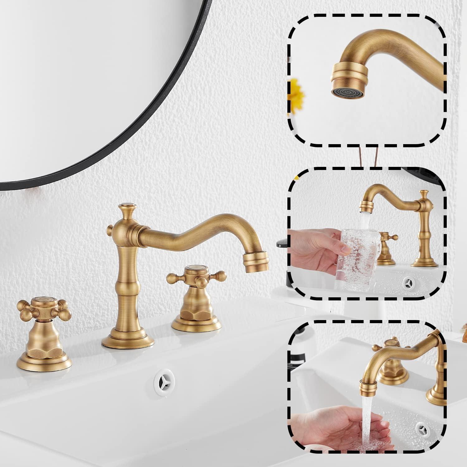 Grifo de lavabo de baño de 3 agujeros, de montaje en cubierta, grifo mezclador de lavabo antiguo de doble asa, grifo de bañera de 8 pulgadas con 2 asas, grifo de bañera de latón antiguo