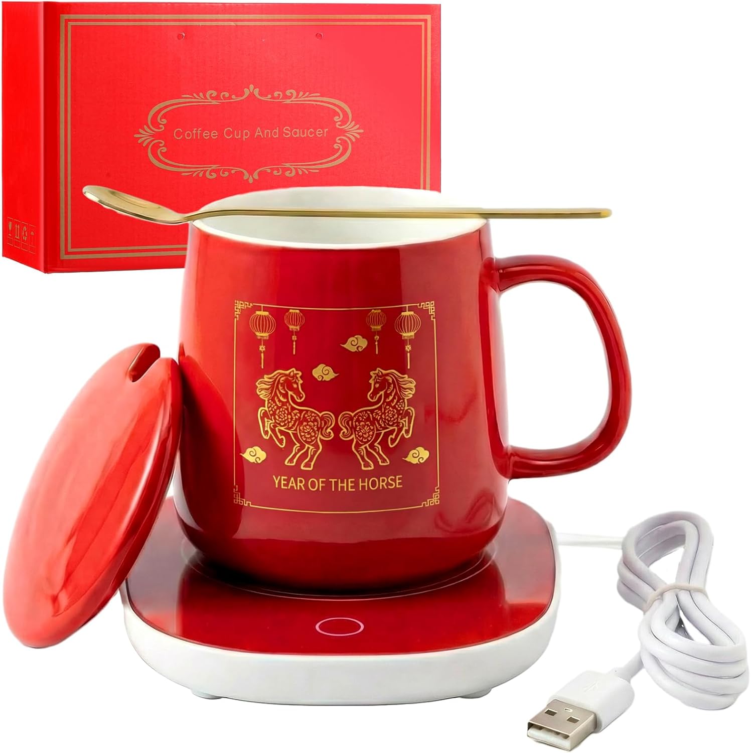 Newtay Chinese New Year Gift Mug Warmer Set 2026 Year of The Horse Chinese Red Electric Ceramic Coffee Cup for Desk Office Home Beverage Warmer with 2 Temperature Setting 8 Hours Auto Shut Off