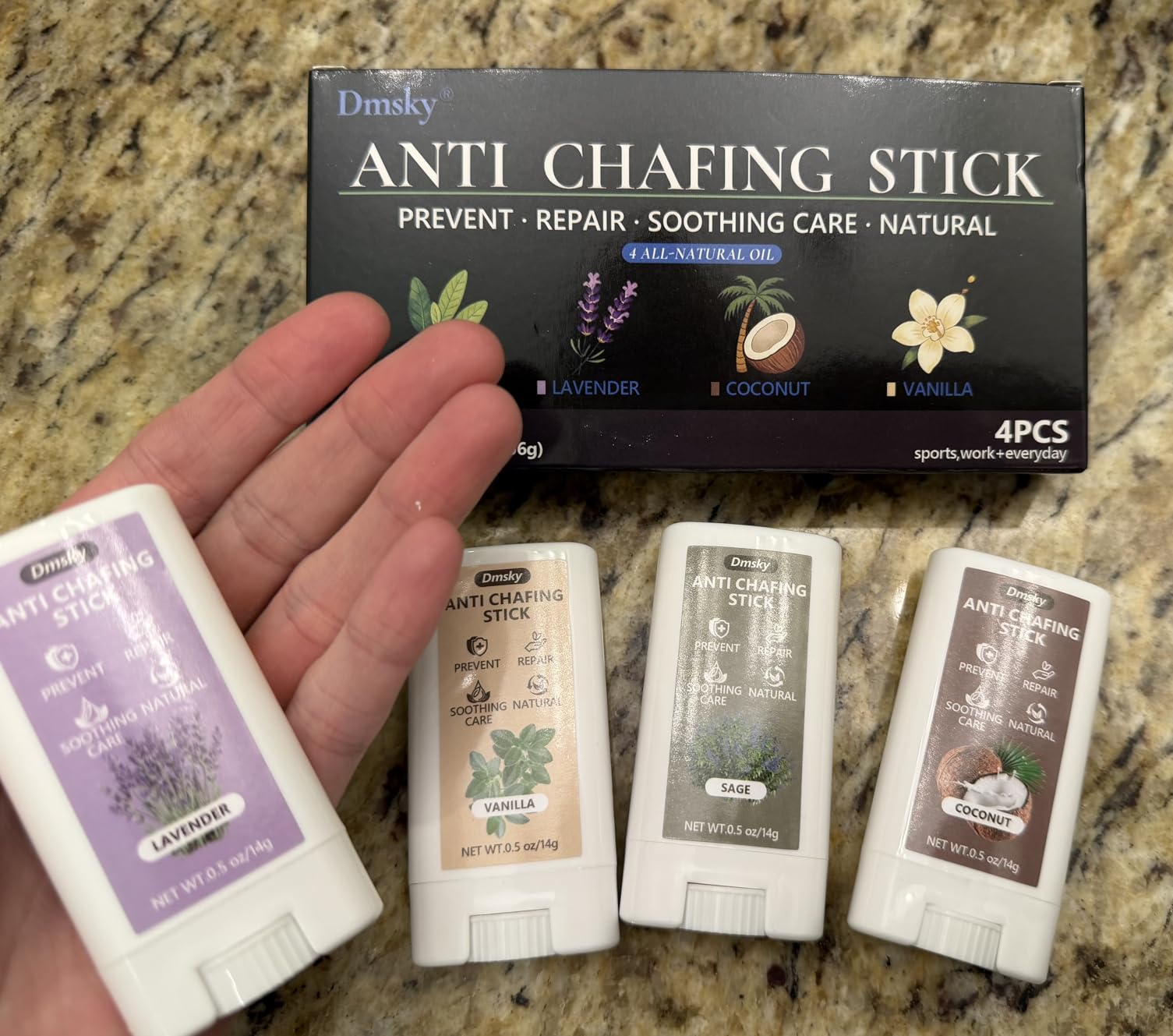 Dmsky 4 Flavors Anti Chafe Balm,Anti Chafing Stick for Men and Women,Chafing Stick with Added Emollients for Dry, Sensitive Skin,Use on Arm,Underarm,Chest,Bra Line,Thigh Chafing,Mini 0.5 OZ