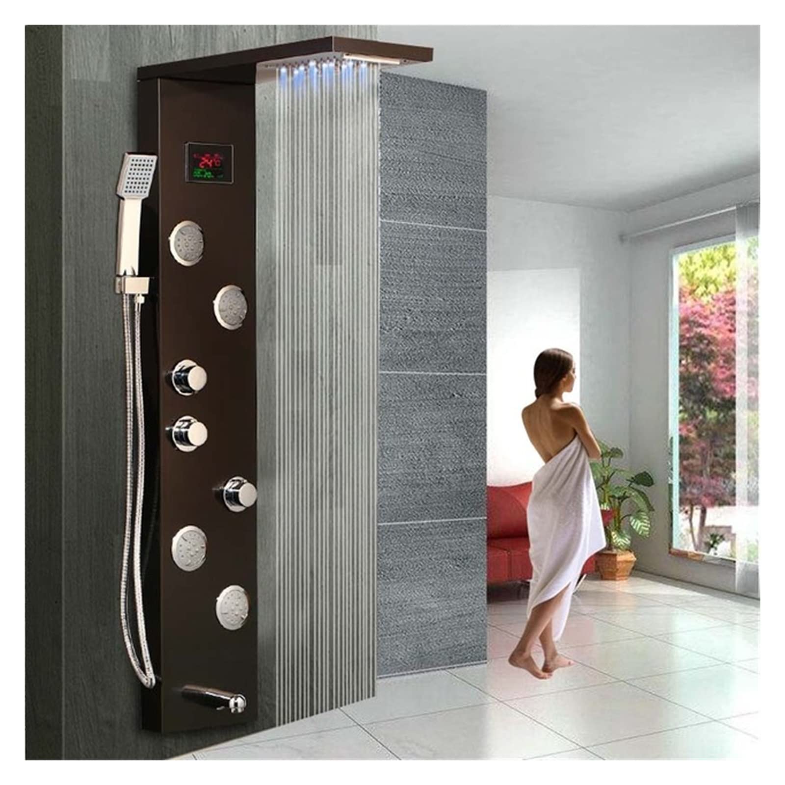 Aubest Style 02 With Led Digital Shower System, Led Shower Panel Waterfall Rain Digital Display Faucet Set Spa Massage Jet Bathroom Column Mixer Tap Tower System(Style 02 With Led)