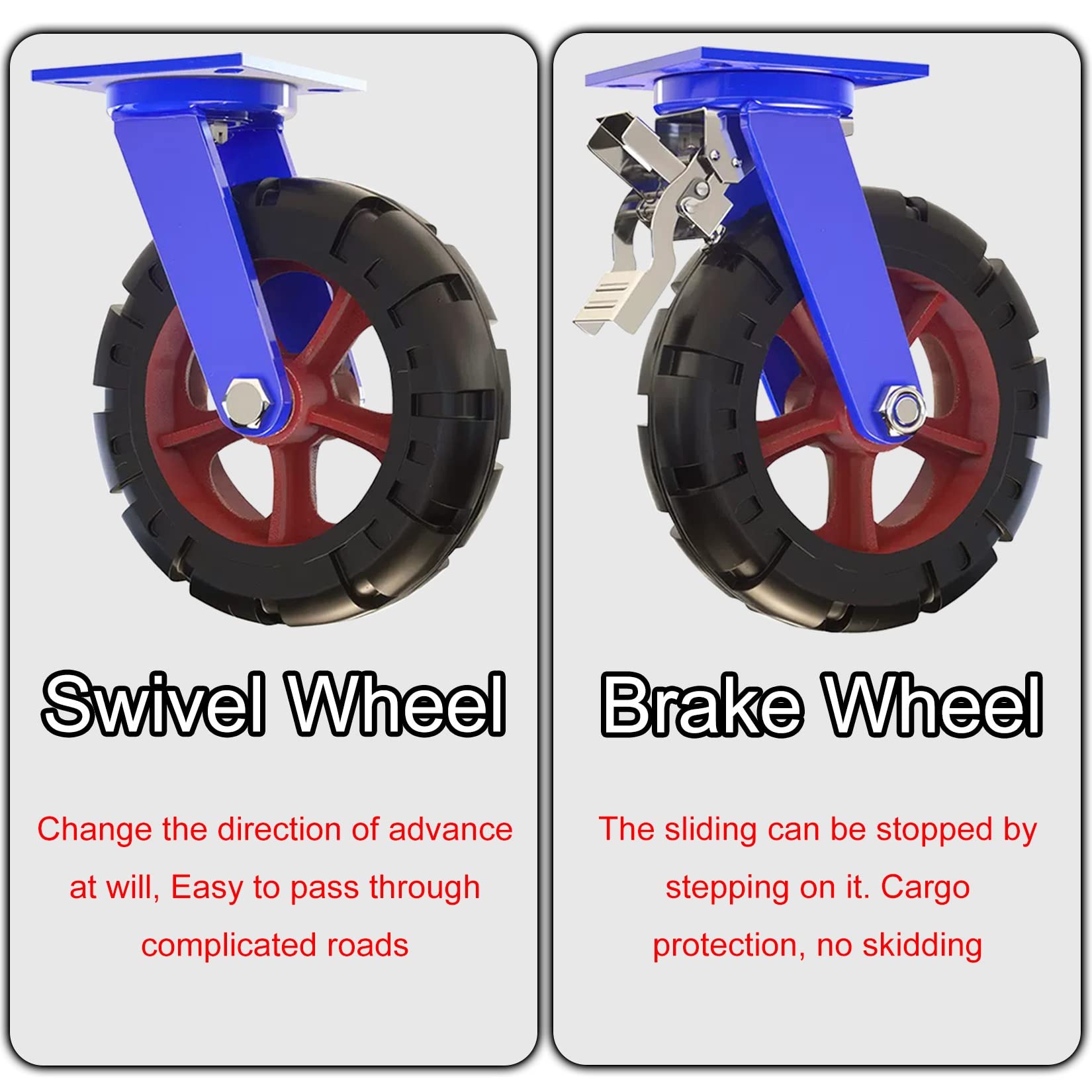 ESOYAWE 4er-Packung Ø 150mm 200mm 250mm 300mm Schwerlast Stielrollen, Pannensichere Vollgummi Lenkrolle Mit Bremse, Industrie Transport Lenkrolle Leicht Zu Installieren, for Trolleys Werkbank