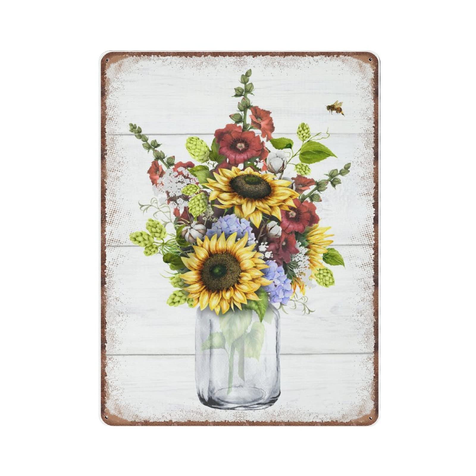 Dreacoss Material_tin 11 Sunflower Decor Sunflower Flower Bee Tin Signs Flowers Rustic Botanical Farmhouse Decor Wall Art Retro Funny Metal Sign Vintage Poster Wall Art For Farm Decor Tin Sign, 30X40 Cm