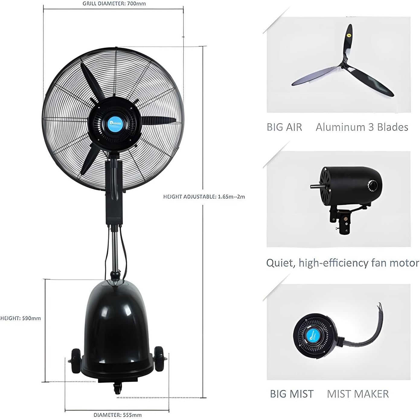 Industrial Misting Fan Electric Spray Fan 26” High Velocity Mister Humidification and Watering Cooling System, 110V, Black