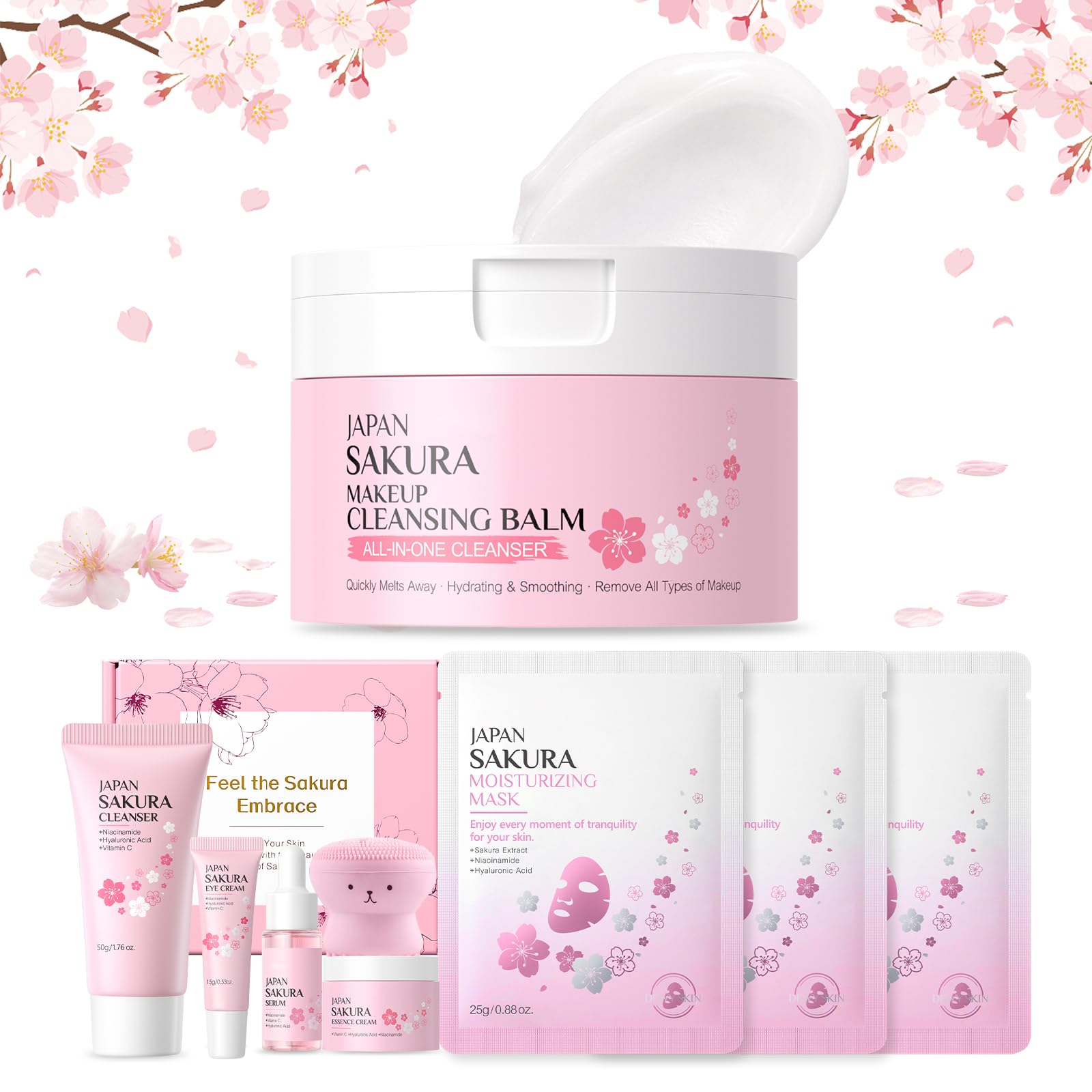 Sakura Balsamo Detergente Struccante 100g, Kit Struccante Viso e Occhi da Viaggio, per Pelle Detersa e Make-Up Rimosso, con Prodotti Skincare Viso Mini e Maschere Idratanti