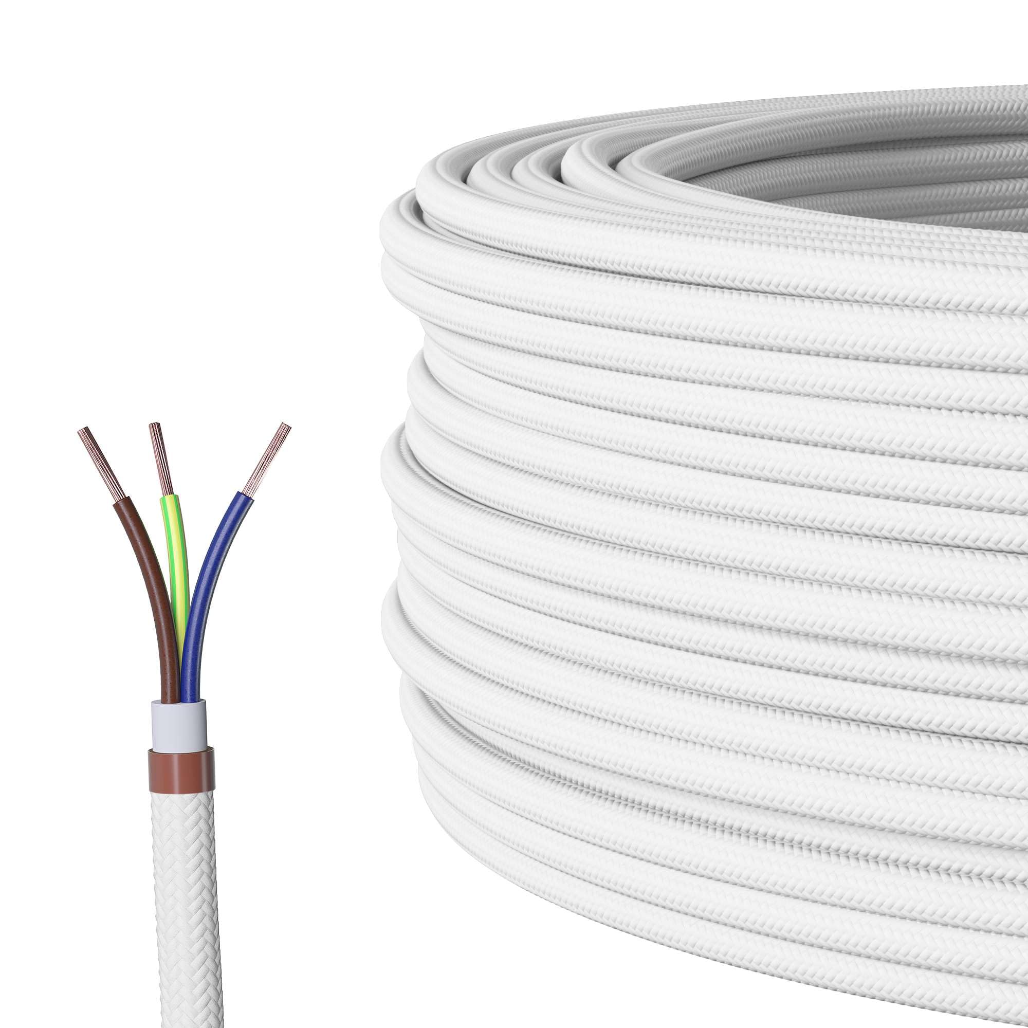 Textilkabel für Lampe, Textilummanteltes Rundkabel, dreiadrig 3x0,75mm², Weiß - Meterware, Preis pro Meter