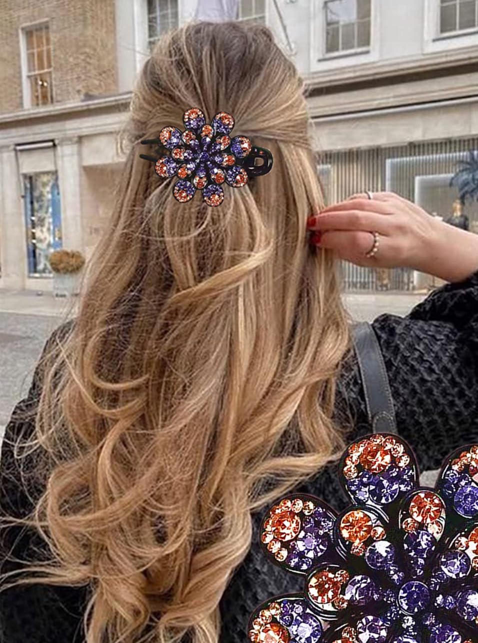5 fermagli per capelli a doppio fiore con strass, accessori per capelli lunghi da donna, con strass spessi e decorativi (grande)
