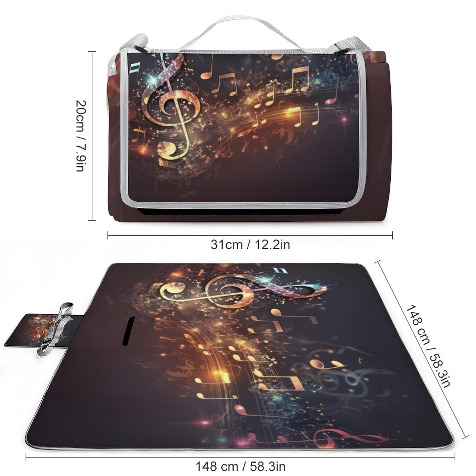 Colorful-Music-Notes Print Picnic Blanket Waterproof Foldable, Large Outdoor Picnic Blanket Beach Blankets Camping Blanket Travel Mat, Shoulder Strap Tote, Rectangle 58x58in