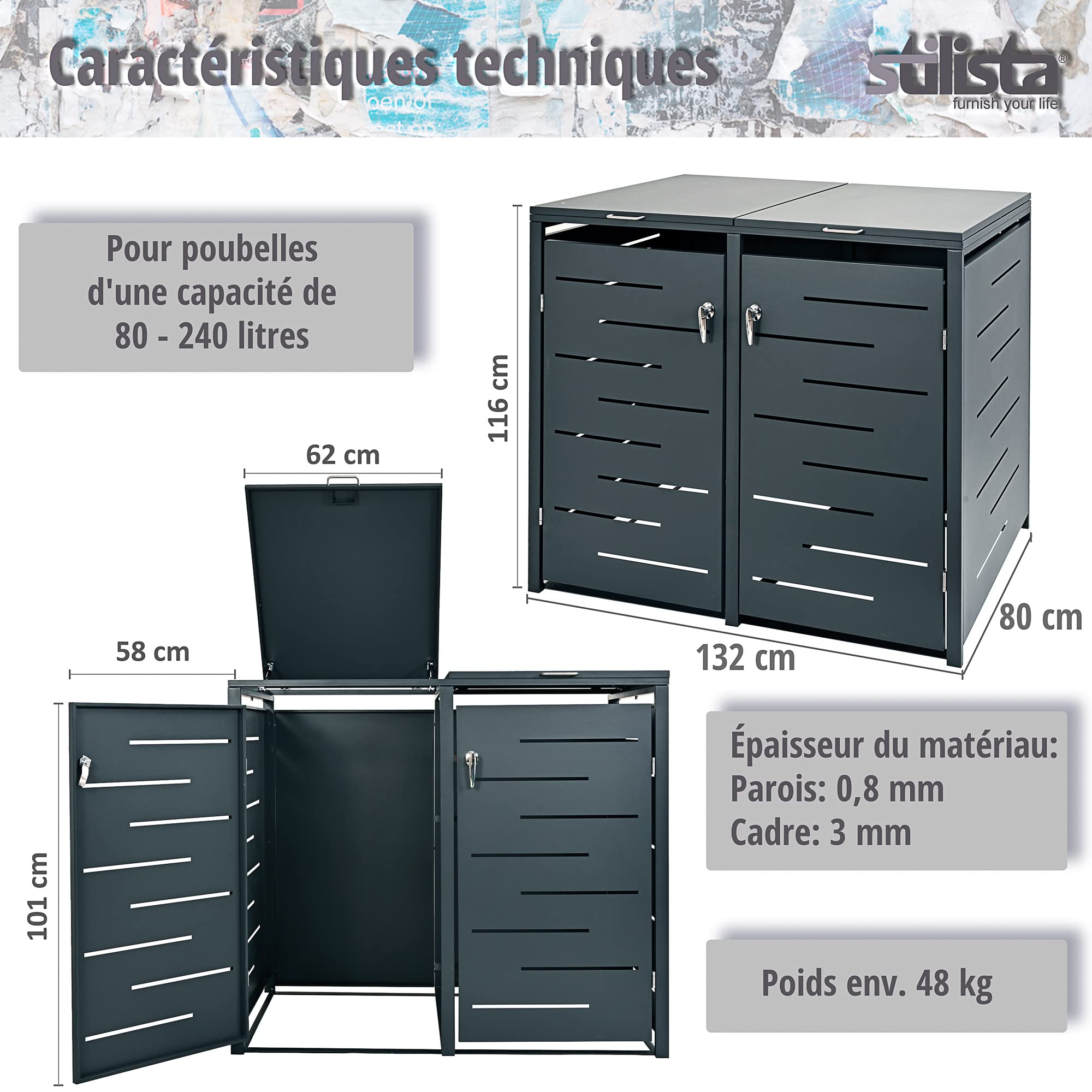 STILISTA Habillage de Poubelle en métal, pour 2 poubelles de 240 litres chacune, différentes Couleurs, Anthracite
