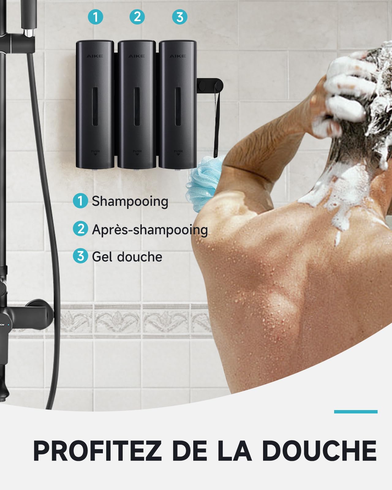 AIKE EasyPush Distributeur De Douche, Fixation Murale sans Perçage pour Shampoing & Après-shampoing, Économise Espace, Triple