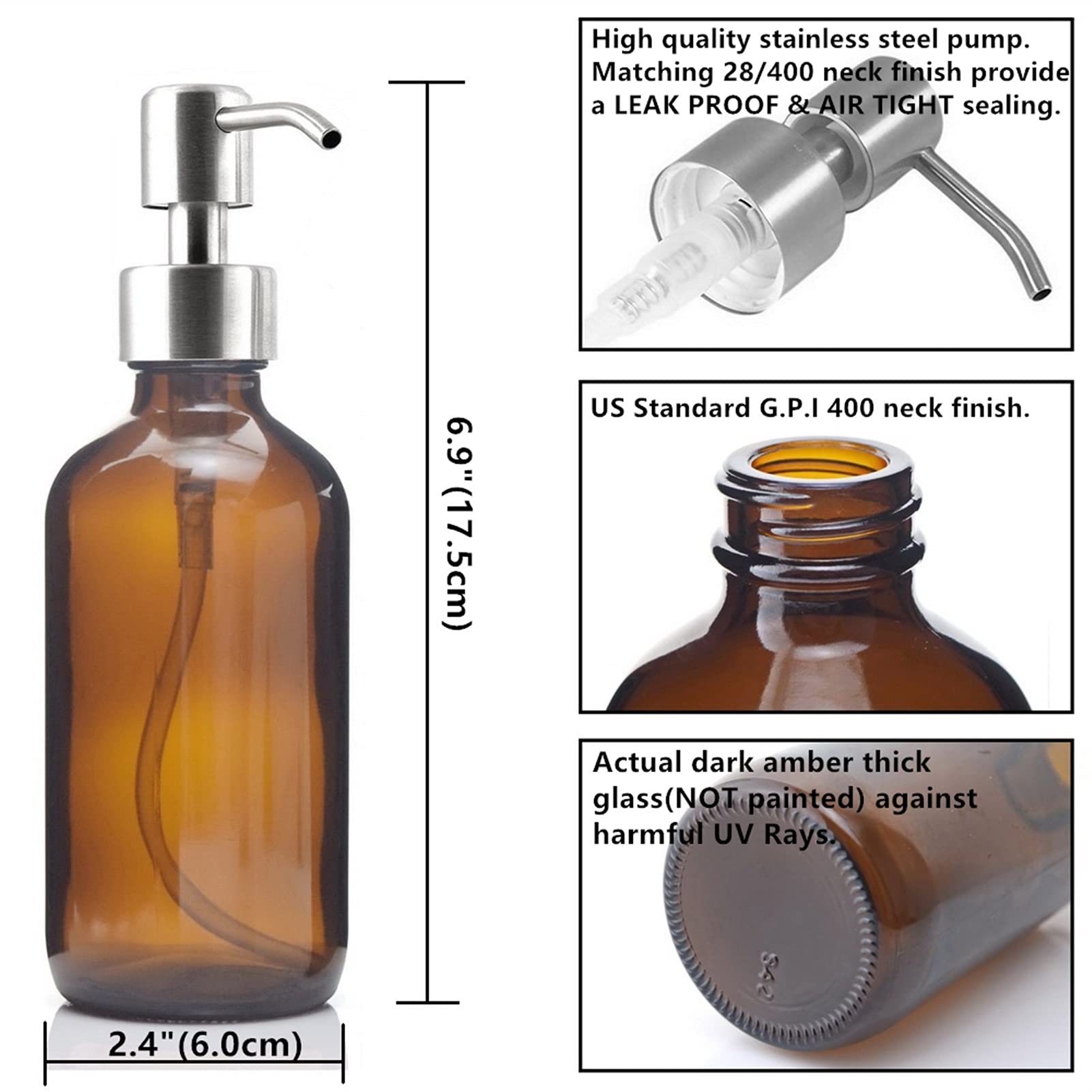 Set di 2 Dispenser per Doccia, Grandi flaconi Rotondi in Vetro ambrato da 250 ml con Pompa per Sapone Liquido, Adatti per Bagno, Cucina, Hotel e Altri Accessori per la casa.
