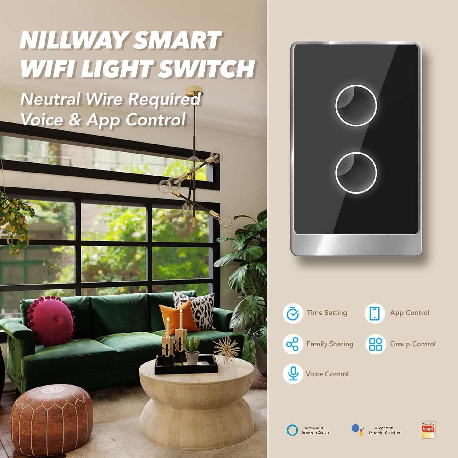 Smart Wall Light Switch, 2.4GHz 2 Gang WiFi Touch Switches, Neutral Wire Required, 3 Way Muti Remote Control Smart Life/Tuya App, Compatible with Alexa, Google Home, Black, 2026