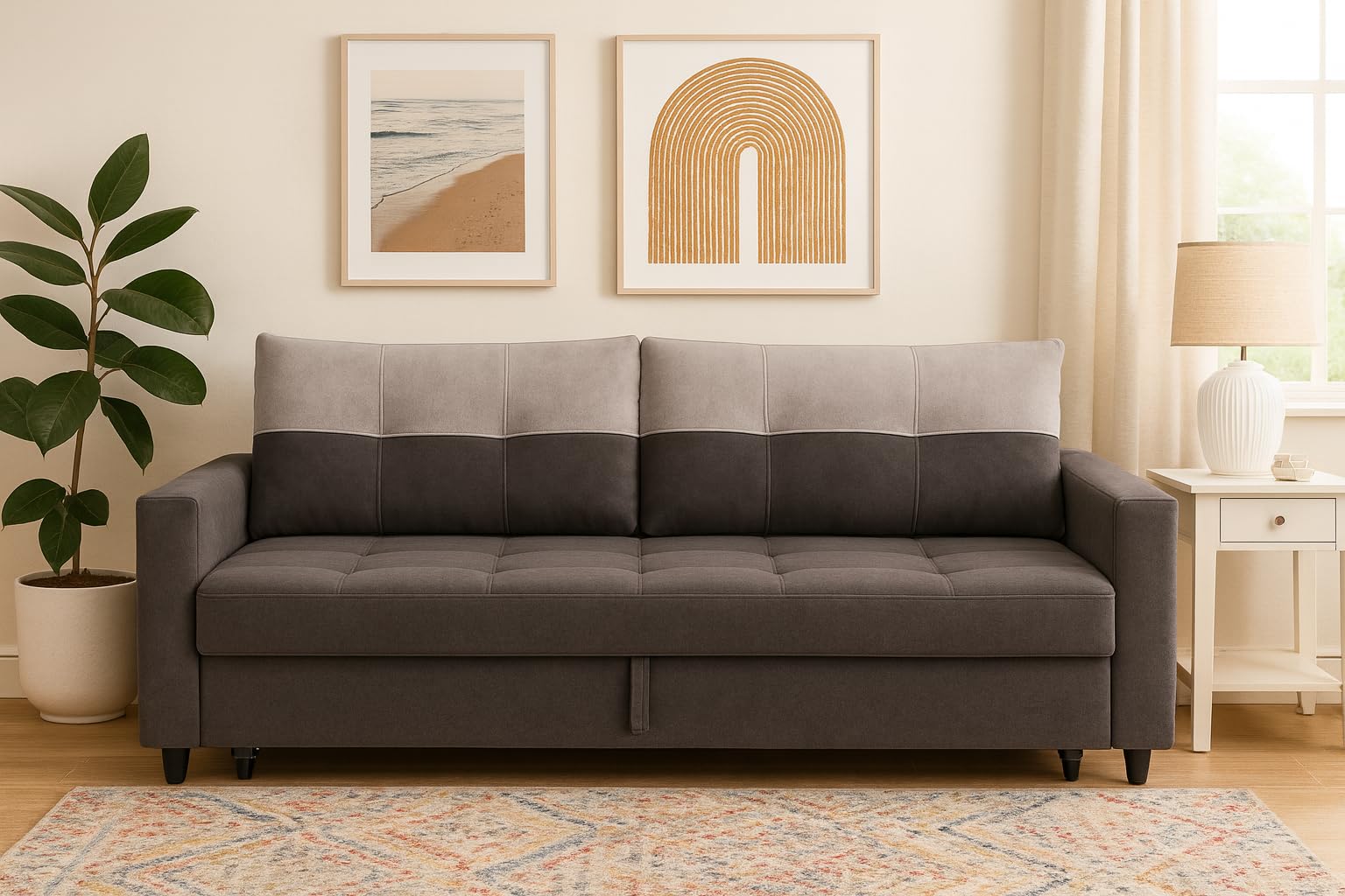 Premium Chanelle 3 Seater Pull-Out Sofa Cum Bed Sofa Set for Living Room | with Velvet Fabric | 3 Year Warranty in Dark Grey & Light Grey Color