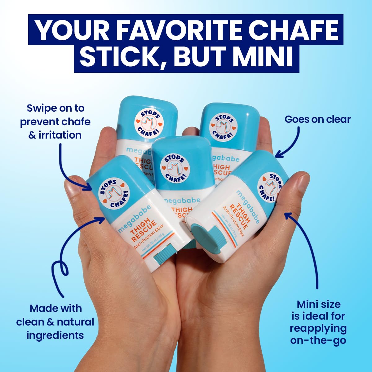 Megababe Mini Thigh Rescue Anti Chafe Stick - Tamanho de Viagem com Aloe, Romã e Óleo de Semente de Uva