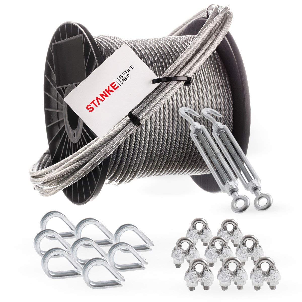 Seilwerk STANKE Cuerda de acero galvanizado en cubierta de PVC 20m, Cuerda de acero con diámetro de 3mm 6x7, 2x tensor gancho-ojo M5, 8x guardacabo, 8x abrazadera - SET 5