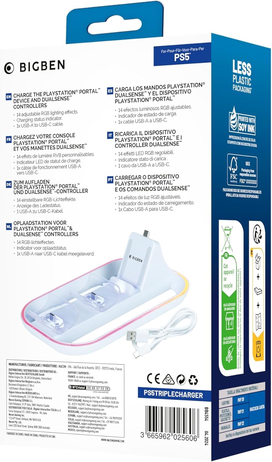 Triple chargeur BigBen pour console Playstation Portal et manettes DualSense PS5 Blanc