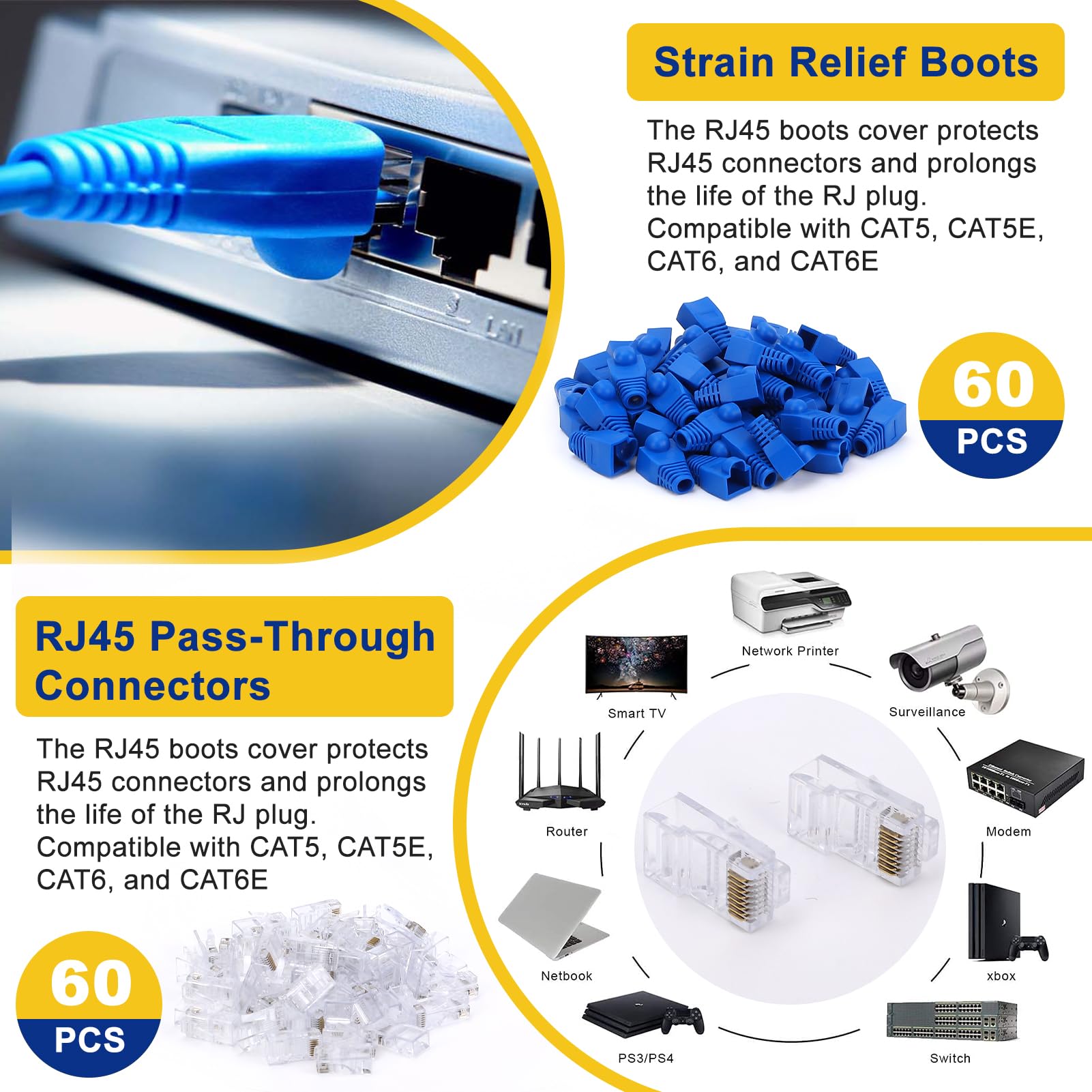 Crimpatrice RJ45 per connettori modulari Cat5e, Cat6, Cat6a, 8P8C, All-in-One Cat6 e tester (batteria da 9 V non inclusa) (60)