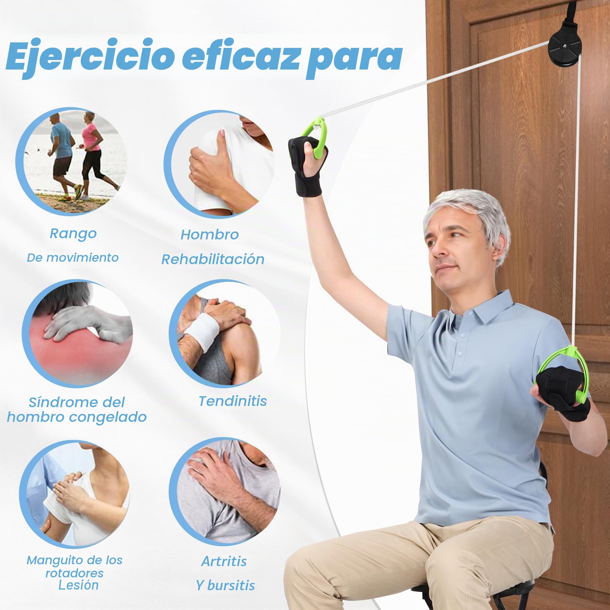 Polea Hombro, Poleas Rehabilitacion Hombro para Fisioterapia Cuerda Poleas Gimnasio para Casa Cuerdas Ejercicio Puerta para Rehabilitacin
