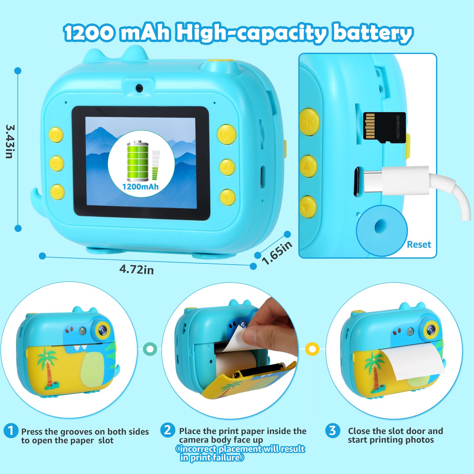 Cámara de impresión instantánea para niños, juguetes de cámara digital para niños con video HD para niños de 3 a 12 años, regalo de festival de cumpleaños de Navidad para niñas y niños, con 7 rollos 7