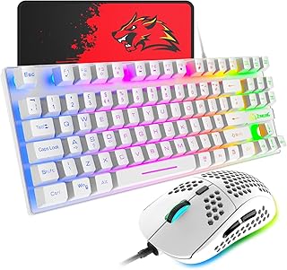 Gaming Keyboard & Mouse 88 Keys Rainbow Backlit USB Mechanical feel Ergonomic Keyboard + RGB 6400DPI Ultra-Light Honeycomb Shell Gaming Mouse,for PS4,PS5,Xbox,PC,Laptop,MAC, QWERTY UK Layout, White