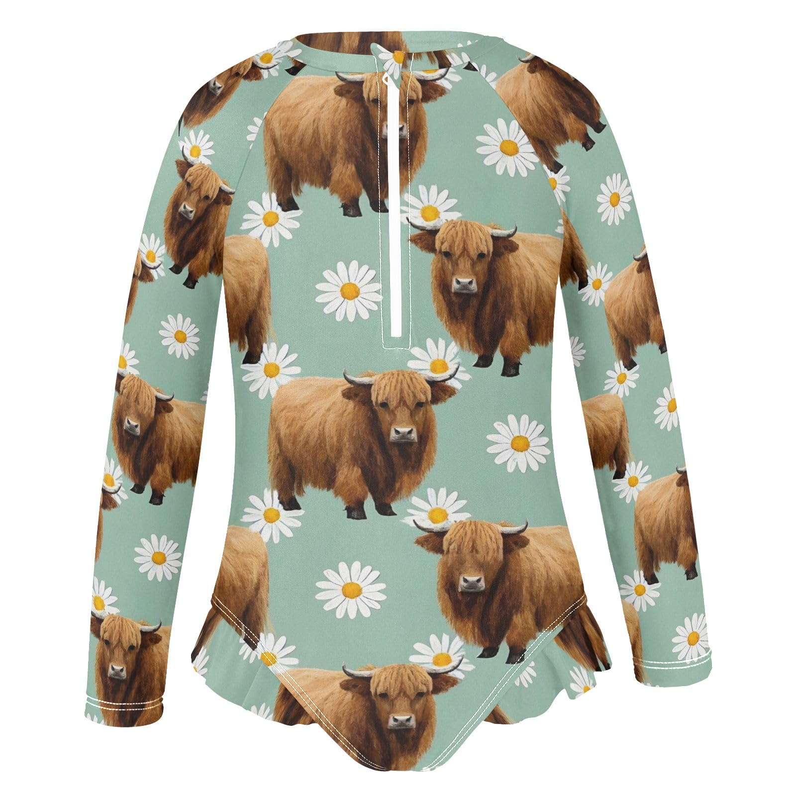 ALAZA Swimsuit for Girls Long Sleeve Rashguard Bathing Suit Cow Bison Daisy Flowers Quick Dry 4T