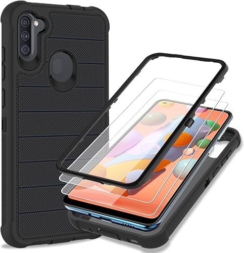Funda para Samsung Galaxy A11, color negronegro, protector de pantalla HD, resistente, 3 capas, híbrido, a prueba de golpes, protectora, protección