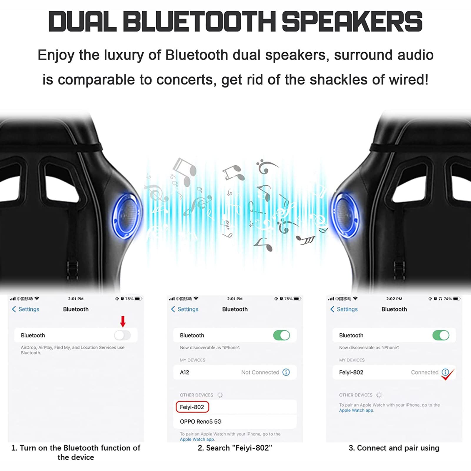 Krzesło do gier z głośnikami Bluetooth, Krzesła do gier wideo dla nastolatków, Krzesło do komputera z pełnym masażem Ergonomiczne krzesło biurowe do wyścigów Fotel ze skóry,White
