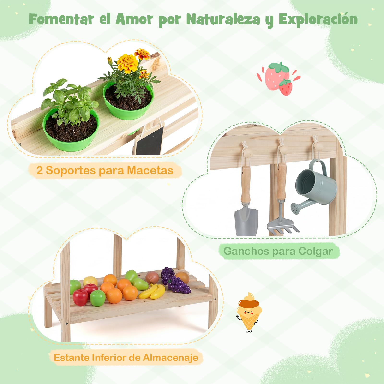 COSTWAY Cocina de Barro para Niños, Cocinita de Madera para Exterior con Fogones, Pomos Giratorios y Pizarra, Macetas, Estantes de Almacenaje, Cocinita Infantil de Barro para Niños de 3+ Años