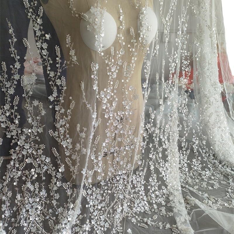 beaded fabric for wedding dresses Starlight - Ivory Wedding Crystal Clear Heavy Sequins Beads Pearl, Quality Embroidery Beaded Fabric by the Yard for Bridal Dresses & Apparel