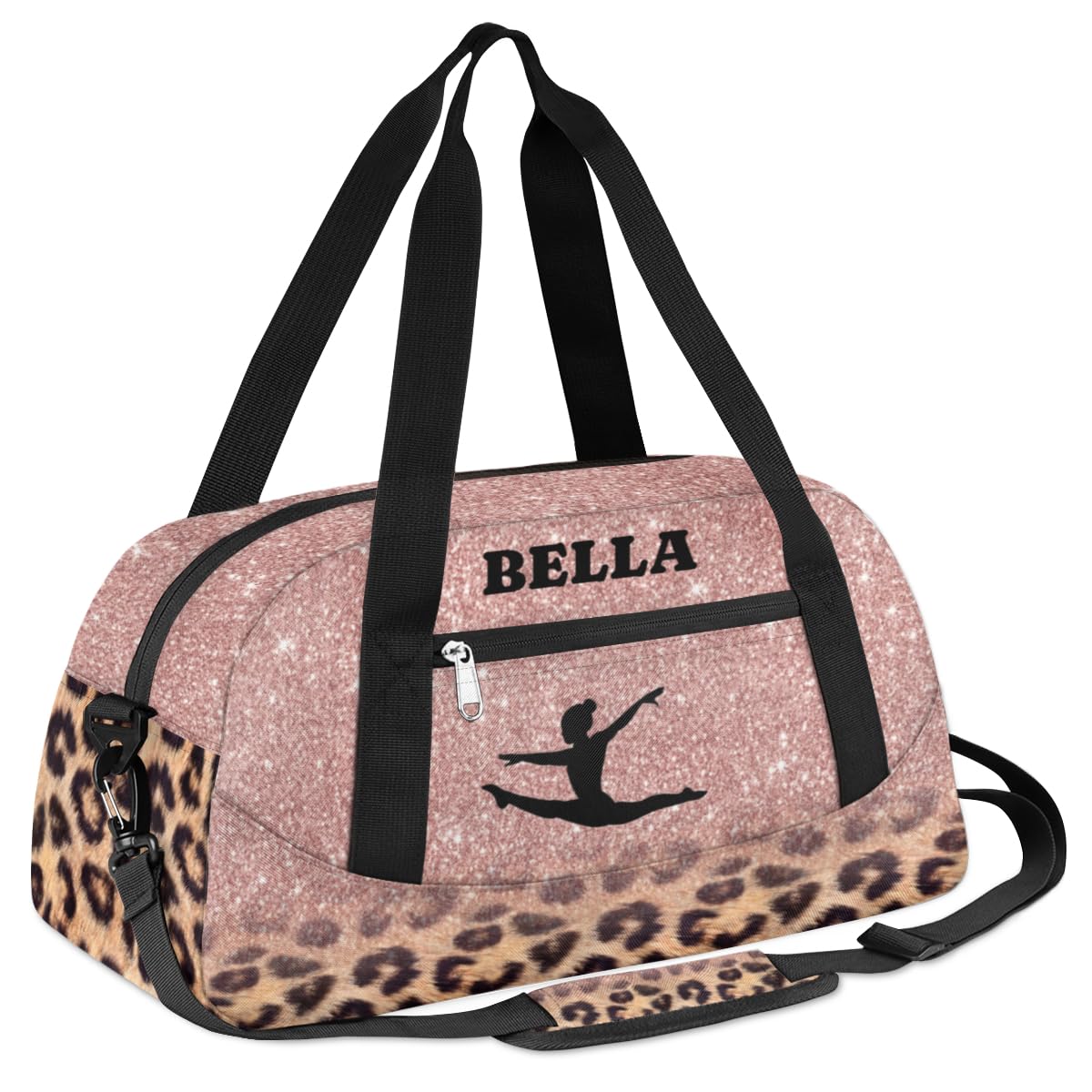 Personalized Dance Gym Bag for Girl, Custom Sport Weekender Travel Duffel Bag - Rose Leopard Gymnastics