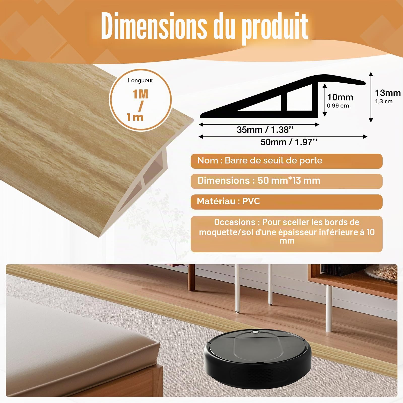 Barre de Seuil Adhésive PVC, Profil de Transition pour Rattrapage de Dénivellation, Jonction entre Sols et Portes Hauteur Réglable，Rampe de Seuil Bandes de Transition Sol