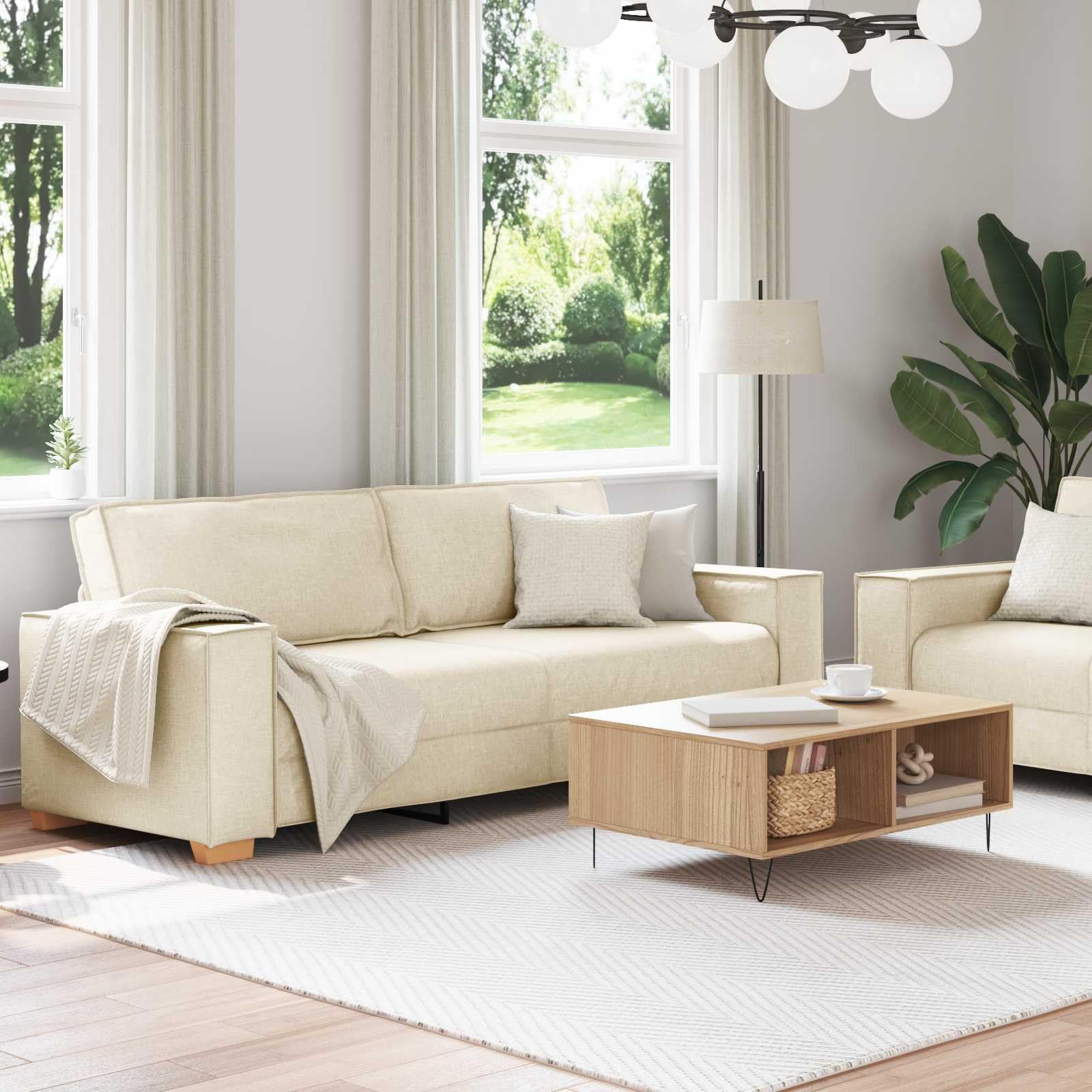 Juego de sofá de 2 piezas, color beige, moderno sofá de mezcla de lino, sofá tapizado de 3 plazas y 2 plazas para salón, marco de metal estable, acolchado cómodo