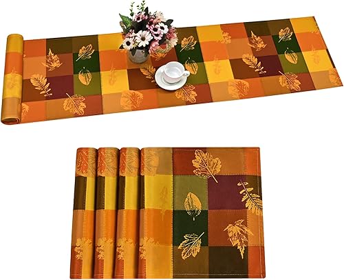 Juego de 5 manteles individuales y camino de mesa de otoño de Acción de Gracias, calabazas de cosecha de otoño, impermeable, decoración de mesa de