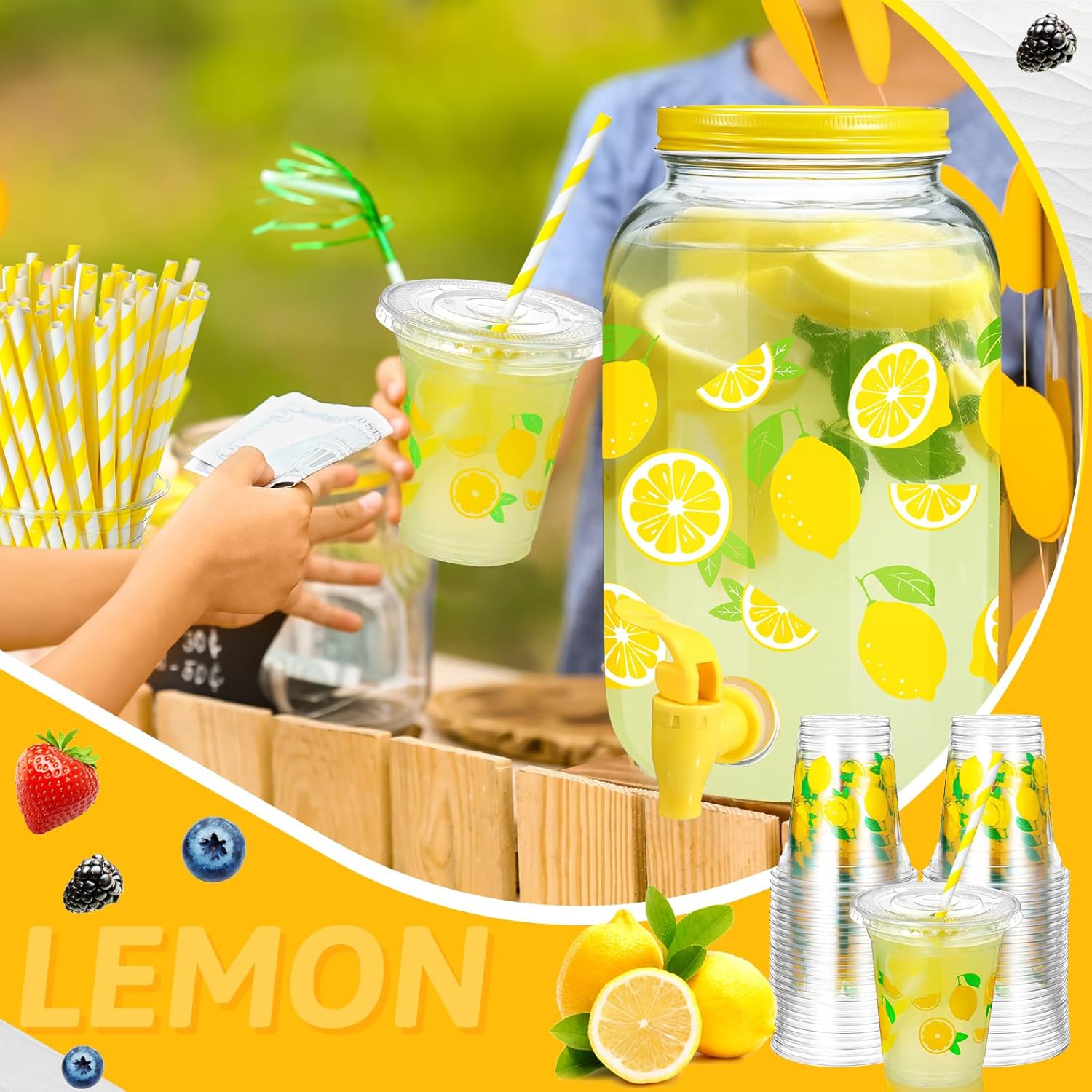 Umigy 1 Gallon Glass Lemonade Dispenser with 100 Pcs 16 oz Disposable Plastic Lemon Cups with Lids and Straw Drink Dispenser with Spigot for ​lemonade Stand Supplies Party Juice Ice Tea Beer Beverage