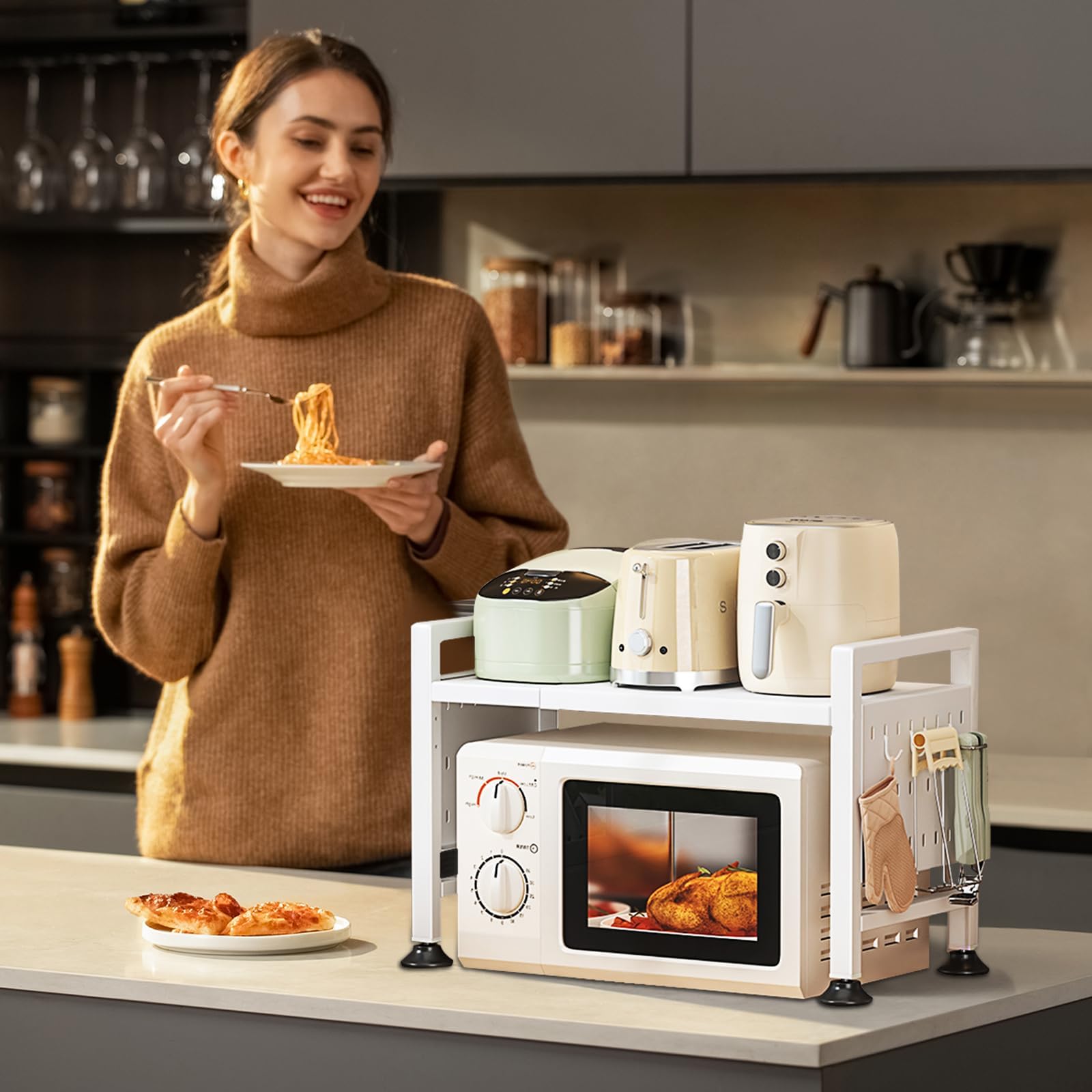 UCAMP Mensola Microonde Estensibile,Salvaspazio Scaffale da Cucina,Regolabile Due Livelli Microonde Scaffale,Mensola a 2 Livelli per Risparmio Spazio in Cucina,Ripiani per Microonde con 10 Ganci