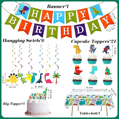 Miniatura 2 de Tessco - 193 piezas de suministros para fiesta de cumpleaños de dinosaurios, incluye platos, tazas, servilletas, pancartas, cuchillos, tenedor,