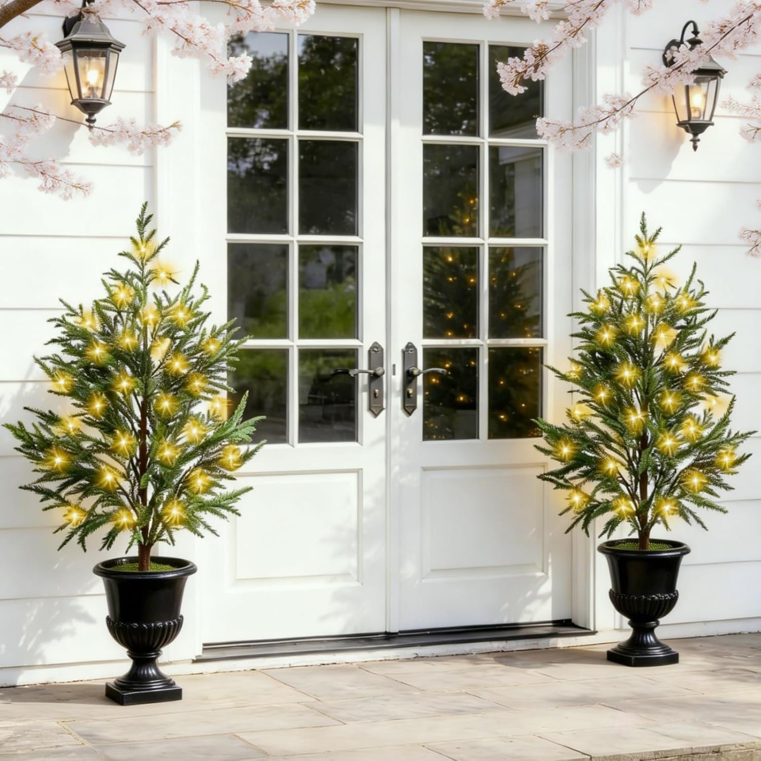 3FT Artificial Topiary Trees 2 Pack, Outdoor Topiaries Trees for Front Porch with Light, Realistic Fake Plants Norfolk Pine Trees for Indoor Home Front Door Offices