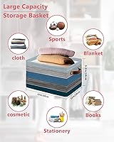 Vista 2 de Cesta de almacenamiento de madera de granero retro azul con rayas degradadas grises para estantes, cubos de almacenamiento de tela, organizadores