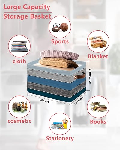 Miniatura 2 de Cesta de almacenamiento de madera de granero retro azul con rayas degradadas grises para estantes, cubos de almacenamiento de tela, organizadores de