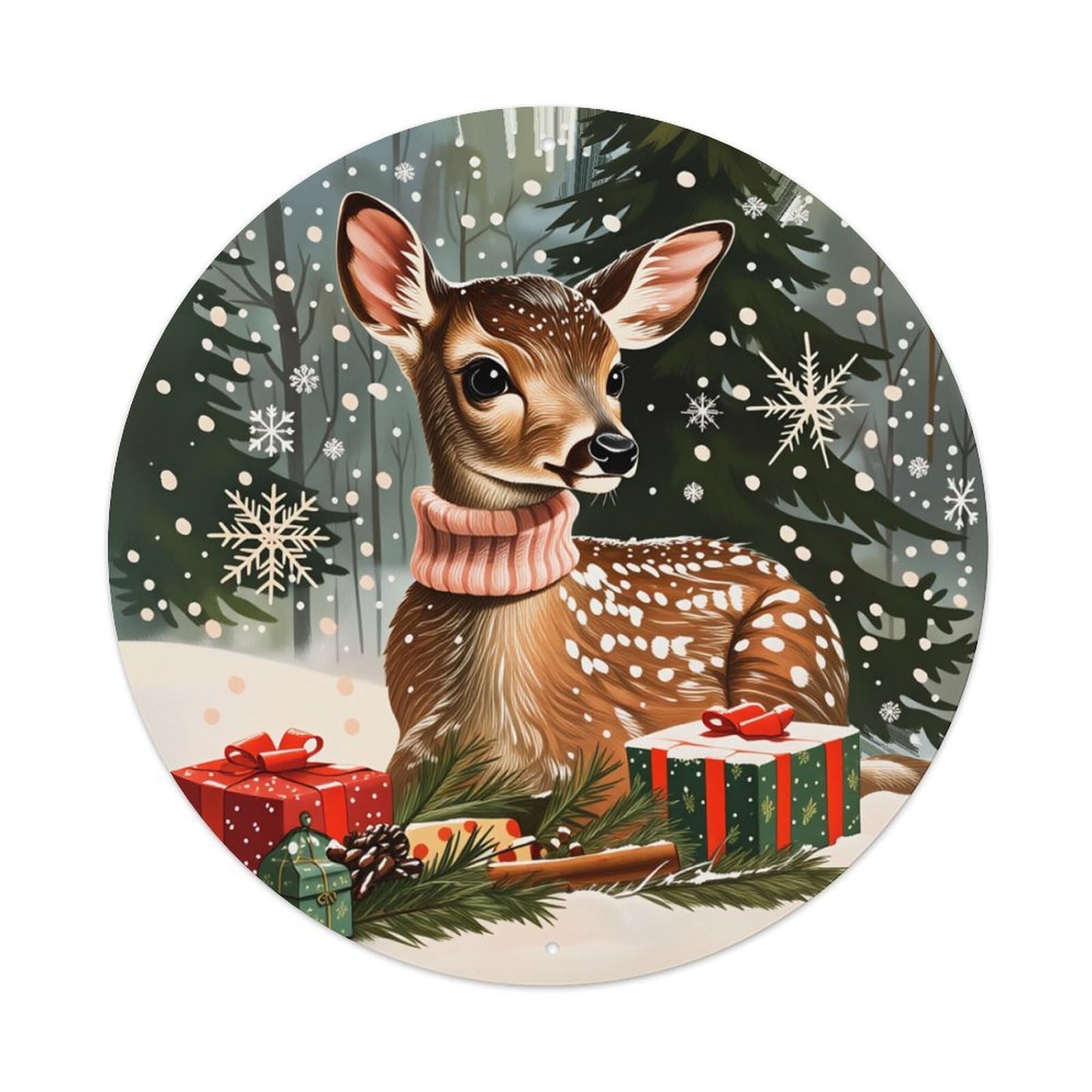 Christmas Deer Snowflake Gift Pine Round Tin Sign Retro Metal Sign for Cafe Bar Pub Home Game Room Gym Club Wall Decoration Vintage Metal Poster 8x8 Inch