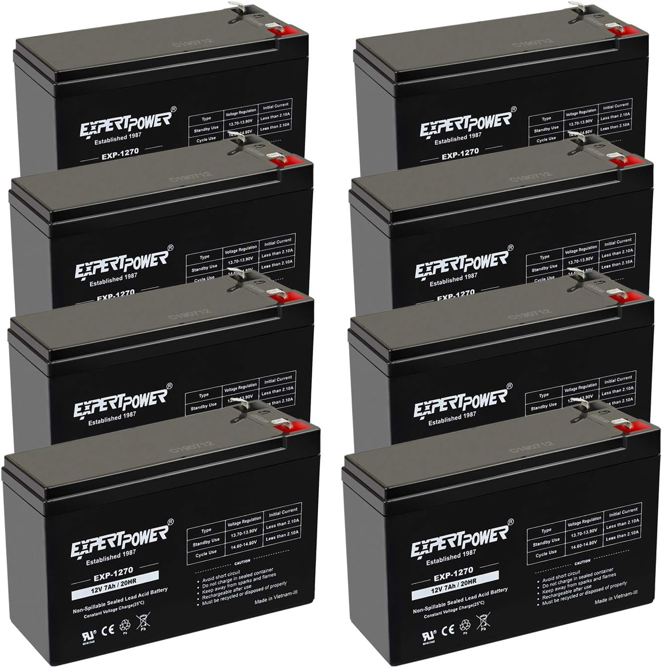 8 Pack ExpertPower 12V 7Ah AGM Rechargeable Battery