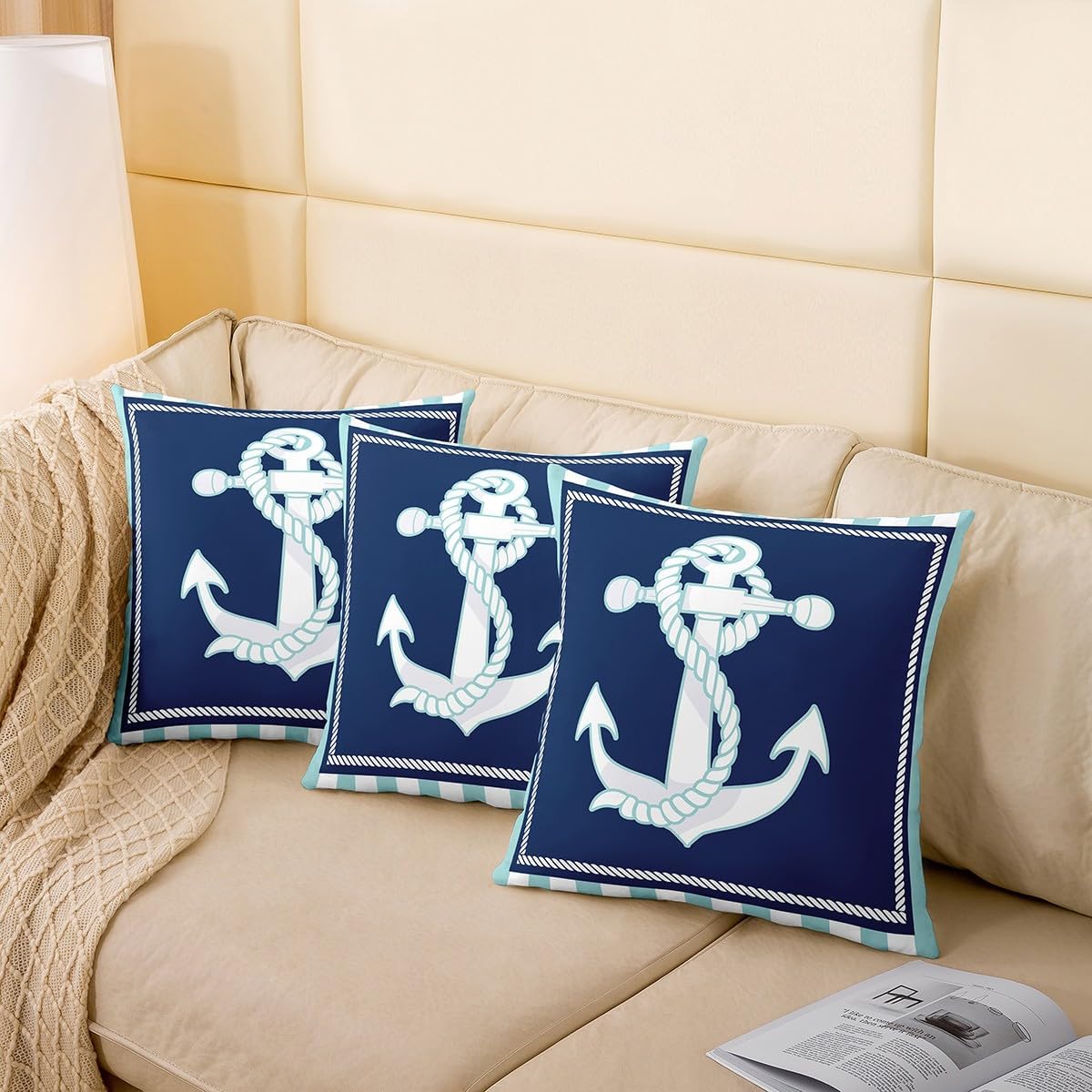 Anchor Rope Pillow Cover 24x24 Inch Set of 2 Nautical Coastal Style Cushion Cover for Living Room Sofa Ocean Sea Sailing Theme Cushion Case for Kids Teens Adults Navy Blue